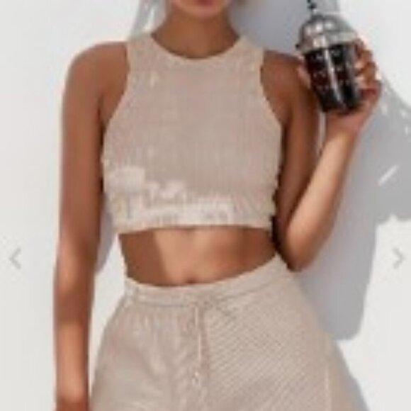 Dressin 2pc Ribbed Fabric Racerback Crop Top & Shorts / Drawstring Women size XL - Picture 12 of 14